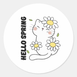 Minimalist Aesthetic Hello Spring Cat & Daisy  ラウンドシール