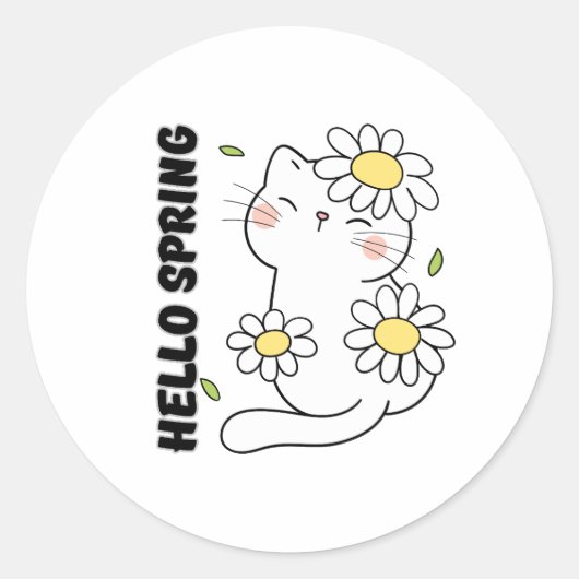 Minimalist Aesthetic Hello Spring Cat & Daisy  ラウンドシール (正面)