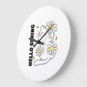 Minimalist Aesthetic Hello Spring Cat & Daisy  ラージ壁時計 (傾斜)