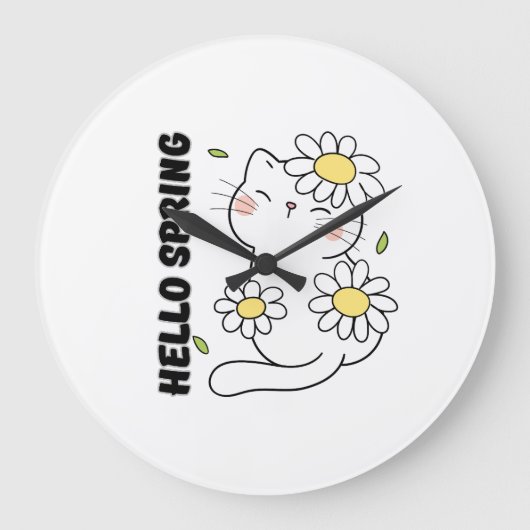 Minimalist Aesthetic Hello Spring Cat & Daisy  ラージ壁時計 (正面)