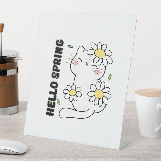 Minimalist Aesthetic Hello Spring Cat & Daisy  台座サイン (インサイチュ)