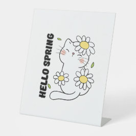 Minimalist Aesthetic Hello Spring Cat & Daisy  台座サイン