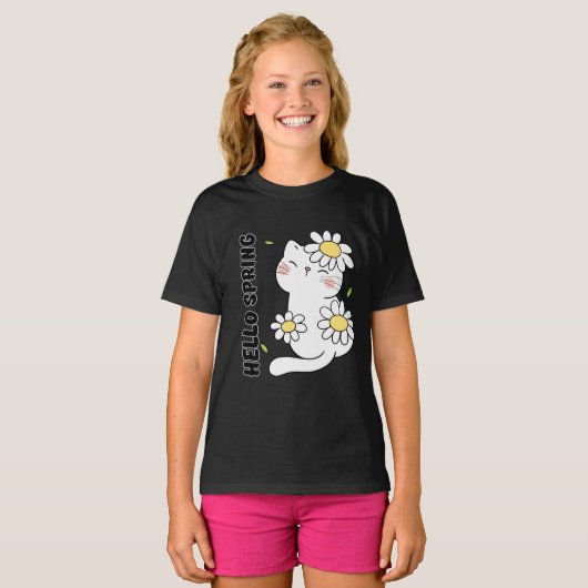 Minimalist Aesthetic Hello Spring Cat & Daisy  Tシャツ (正面フル)