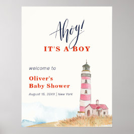Minimalist Ahoy Boy Lighthouse Baby Shower Welcome ポスター