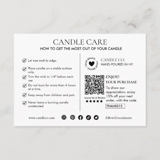 Minimalist and Modern Candle Care Card Template エンクロージャーカード (裏面)