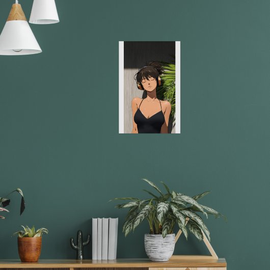 Minimalist Anime Girl Relaxing with Headphones ポスター (リビング1)