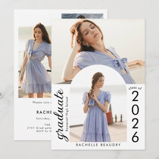 Minimalist Arch Photo Collage Graduation Party 招待状 (正面/裏面)