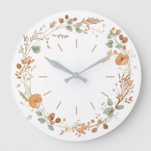 Minimalist Autumn Wildflower Wreath Wall clock ラージ壁時計 (正面)