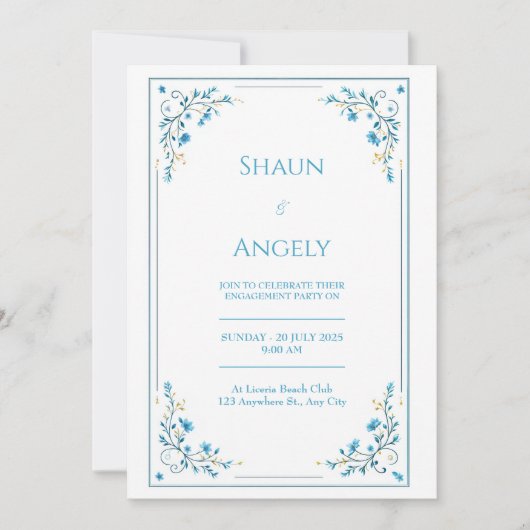 Minimalist Azure Blue Floral Gold Vine Wedding 招待状 (正面)