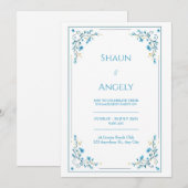 Minimalist Azure Blue Floral Gold Vine Wedding 招待状 (正面/裏面)