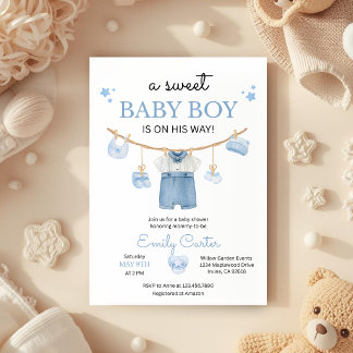 Minimalist Baby Boy Shower with Baby Clothes 招待状