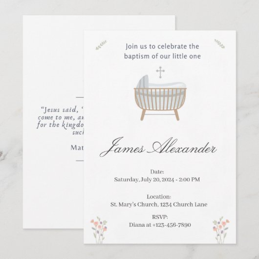 Minimalist Baby Christening Baptism Template 招待状 (正面/裏面)
