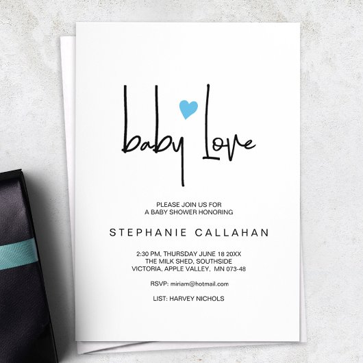 Minimalist Baby Love Shower Invitation Blue heart 招待状