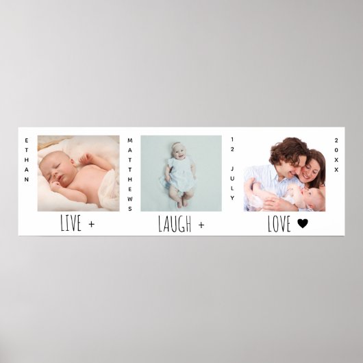 Minimalist Baby Photo Trio Birth Keepsake ポスター (正面)