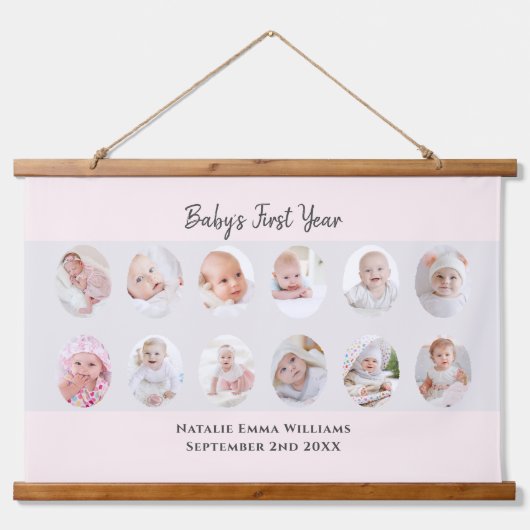 Minimalist Baby's First Year 12 Photo Collage 吊り下げ型タペストリー (正面)