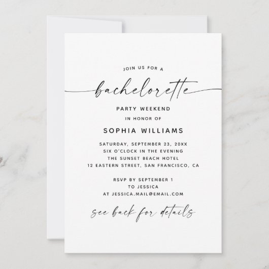 Minimalist Bachelorette Party Weekend Itinerary 招待状 (正面)