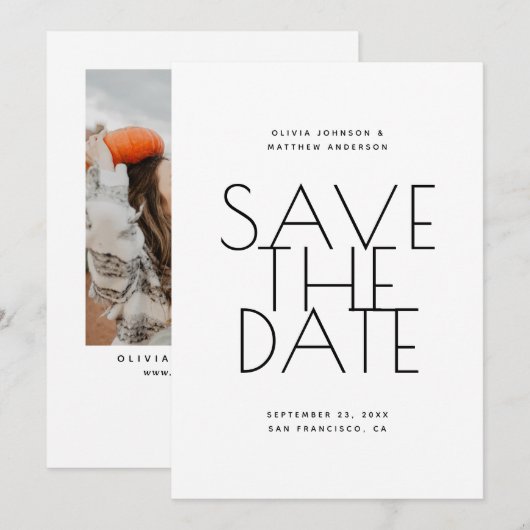 Minimalist Back & White Wedding | Photo & QR Code セーブザデート (正面/裏面)