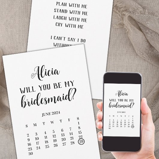Minimalist Be My Bridesmaid Calendar Proposal 招待状