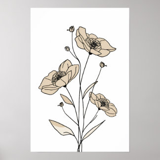 Minimalist Beige Floral Line Art | Modern Botanica ポスター