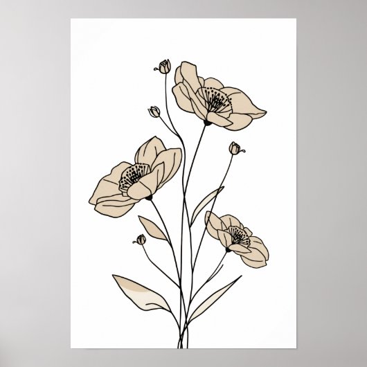 Minimalist Beige Floral Line Art | Modern Botanica ポスター (正面)