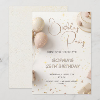 Minimalist Beige & Gold Birthday Party Design  招待状
