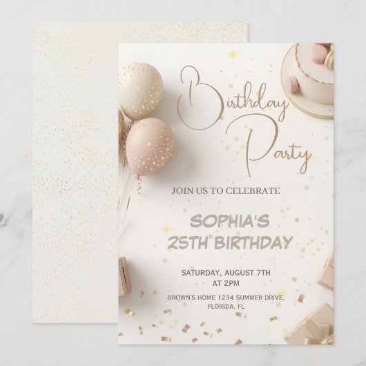 Minimalist Beige & Gold Birthday Party Design  招待状 (正面/裏面)