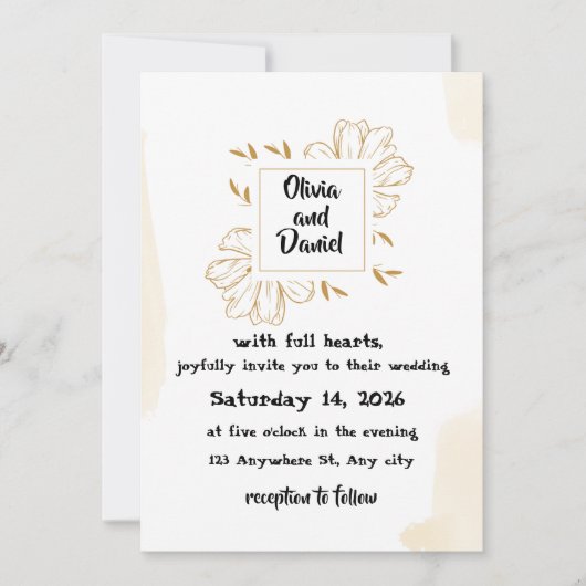 Minimalist Beige Gold Dahlia Wedding Invitation 招待状 (正面)