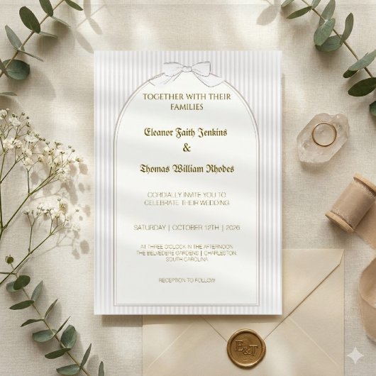 Minimalist Beige Pinstripe Wedding Invite, Elegant 招待状