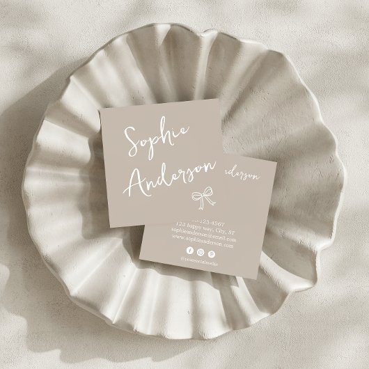 Minimalist Beige with Elegant Script & Bow      スクエア名刺