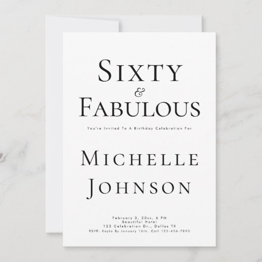 Minimalist Black 60 & Fabulous 60th Birthday Party 招待状 (正面)