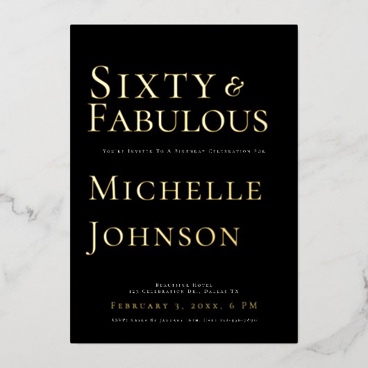 Minimalist Black 60 & Fabulous Birthday Party 箔招待状 (正面)