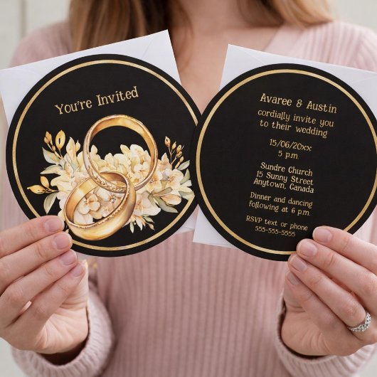 Minimalist Black and Gold Wedding Rings Invitation 招待状