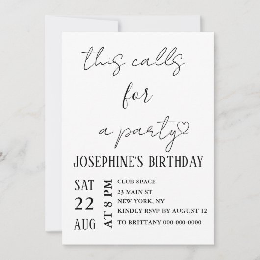 Minimalist Black and White Birthday Party 招待状 (正面)
