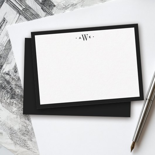 Minimalist Black and White Border Modern Monogram ノートカード