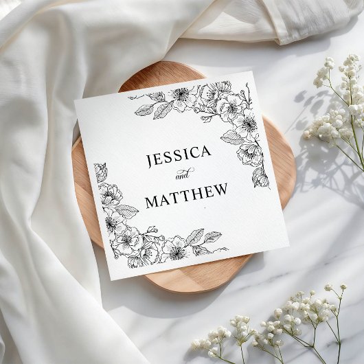 Minimalist Black and White Floral  スタンダードカクテルナプキン