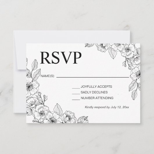 Minimalist Black and White Floral  出欠カード (正面)