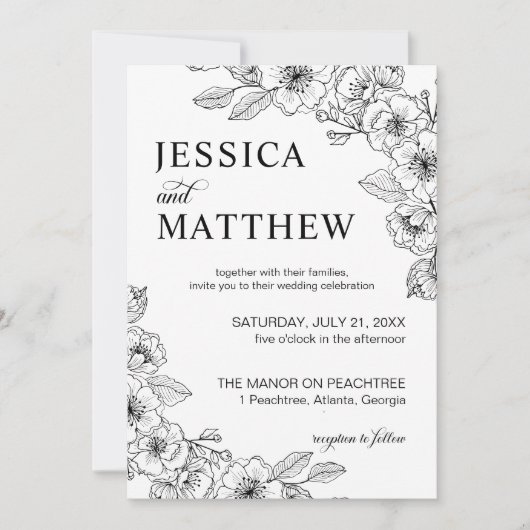 Minimalist Black and White Floral Photo Arch  招待状 (正面)