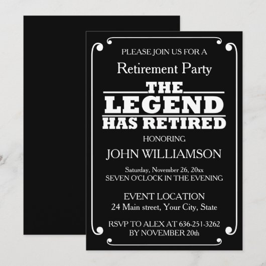 Minimalist Black and White Retirement Party  招待状 (正面/裏面)