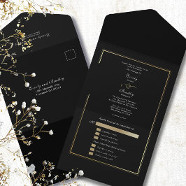 Minimalist Black Background Gold Frame Wedding オールインワン招待状