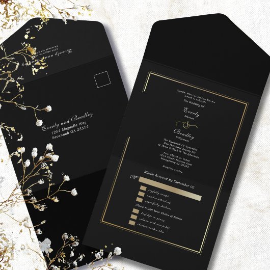 Minimalist Black Background Gold Frame Wedding オールインワン招待状
