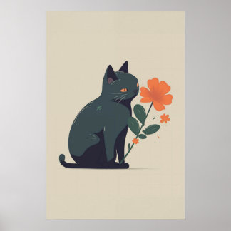 Minimalist Black Cat Flower  ポスター