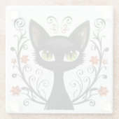 Minimalist Black Cat Green Eyes Filigree Design ガラスコースター (裏面)
