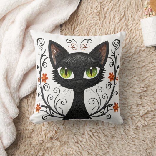 Minimalist Black Cat Green Eyes Filigree Design クッション (ブランケット)