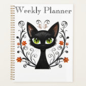 Minimalist Black Cat Green Eyes Filigree Design プランナー手帳 (正面)