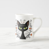 Minimalist Black Cat Green Eyes Filigree Design ボーンチャイナマグカップ (右)