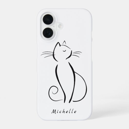 Minimalist Black Cat On White Add Name iPhone 16ケース (裏面)