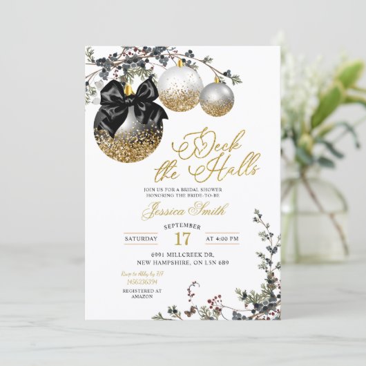 Minimalist Black Deck The Halls Bridal Shower 招待状 (スタンド正面)