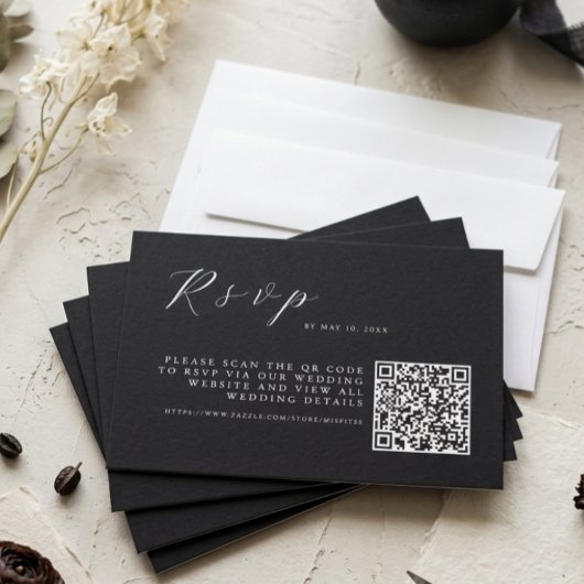 Minimalist Black Elegant Wedding w QR Code 出欠カード