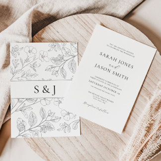 Minimalist Black Floral Wedding Invitation 招待状