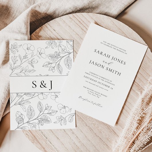 Minimalist Black Floral Wedding Invitation 招待状